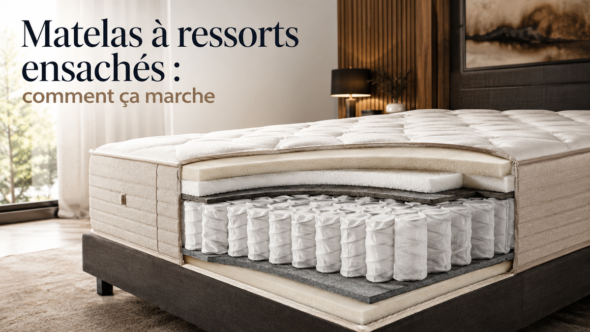 Coupe d'un matelas montrant les ressorts ensachés alignés sous les couches de mousse et le surmatelas capitonné