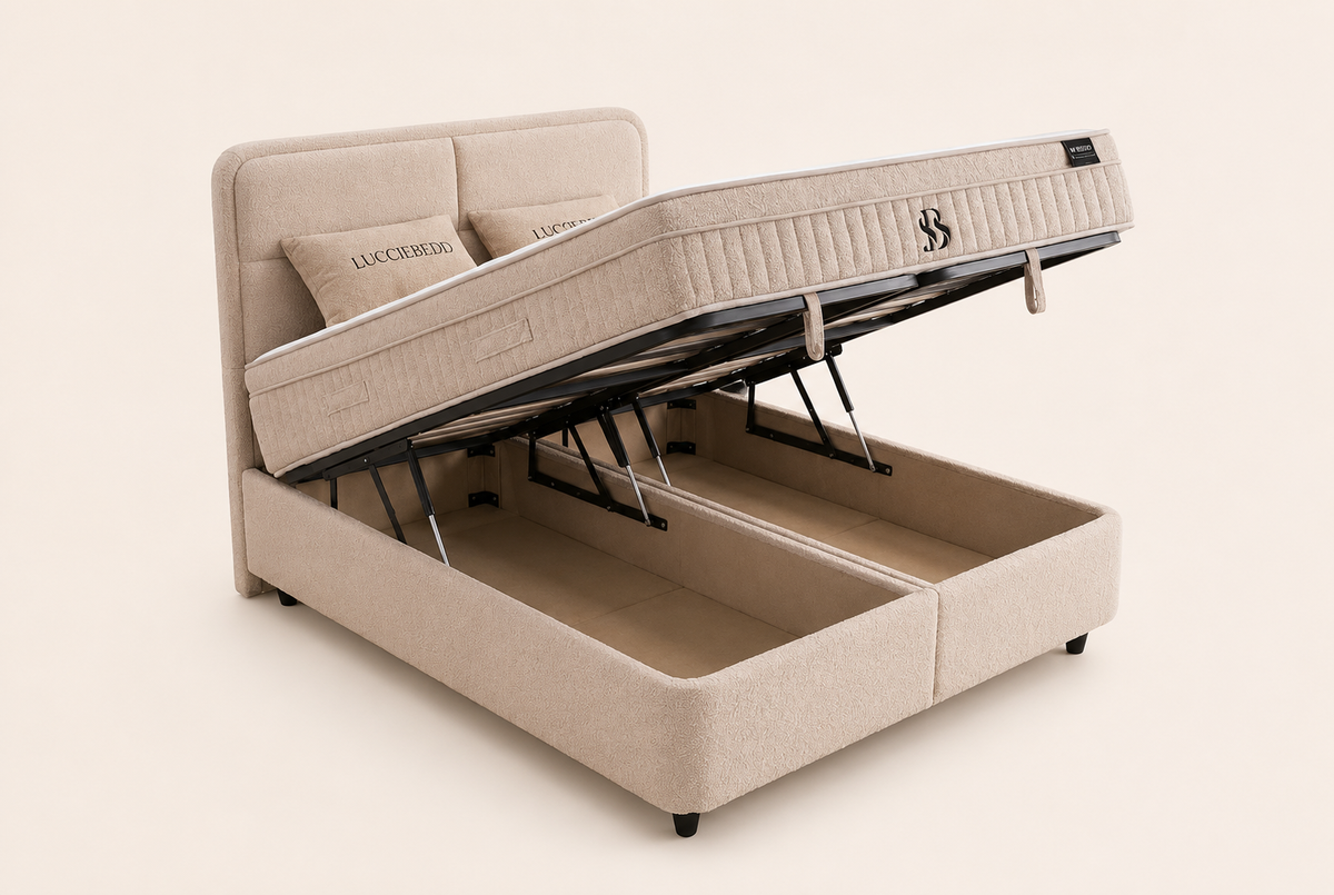 Lit coffre BSS Luccebedd beige ouvert : plateau relevé sur vérins métalliques et coffre de rangement vide
