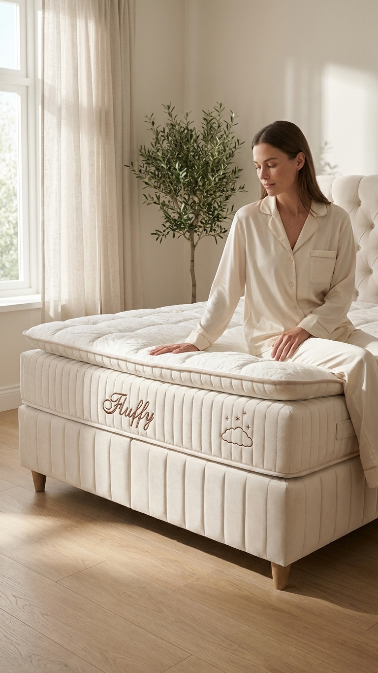 Femme assise sur un lit coffre BSS Fluffy crème au matelas épais brodé « Fluffy »