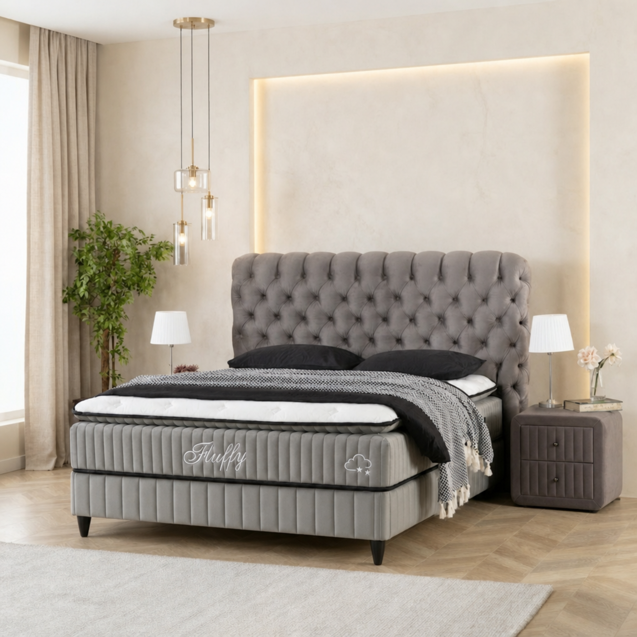 Lit boxspring BSS Fluffy gris dans une chambre design avec suspensions
