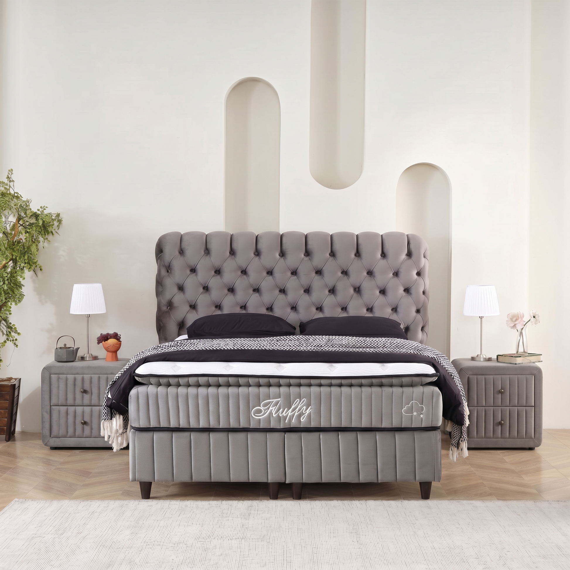 Ensemble BSS Fluffy gris avec tables de chevet dans une chambre contemporaine