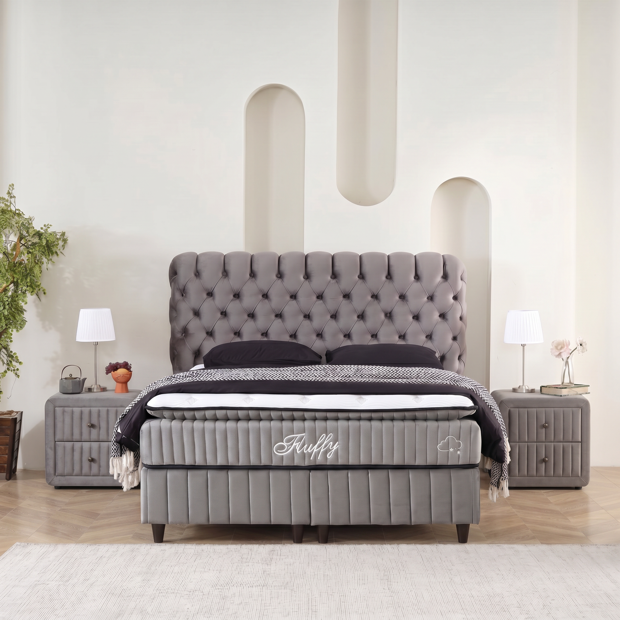 Ensemble BSS Fluffy gris avec tables de chevet dans une chambre contemporaine