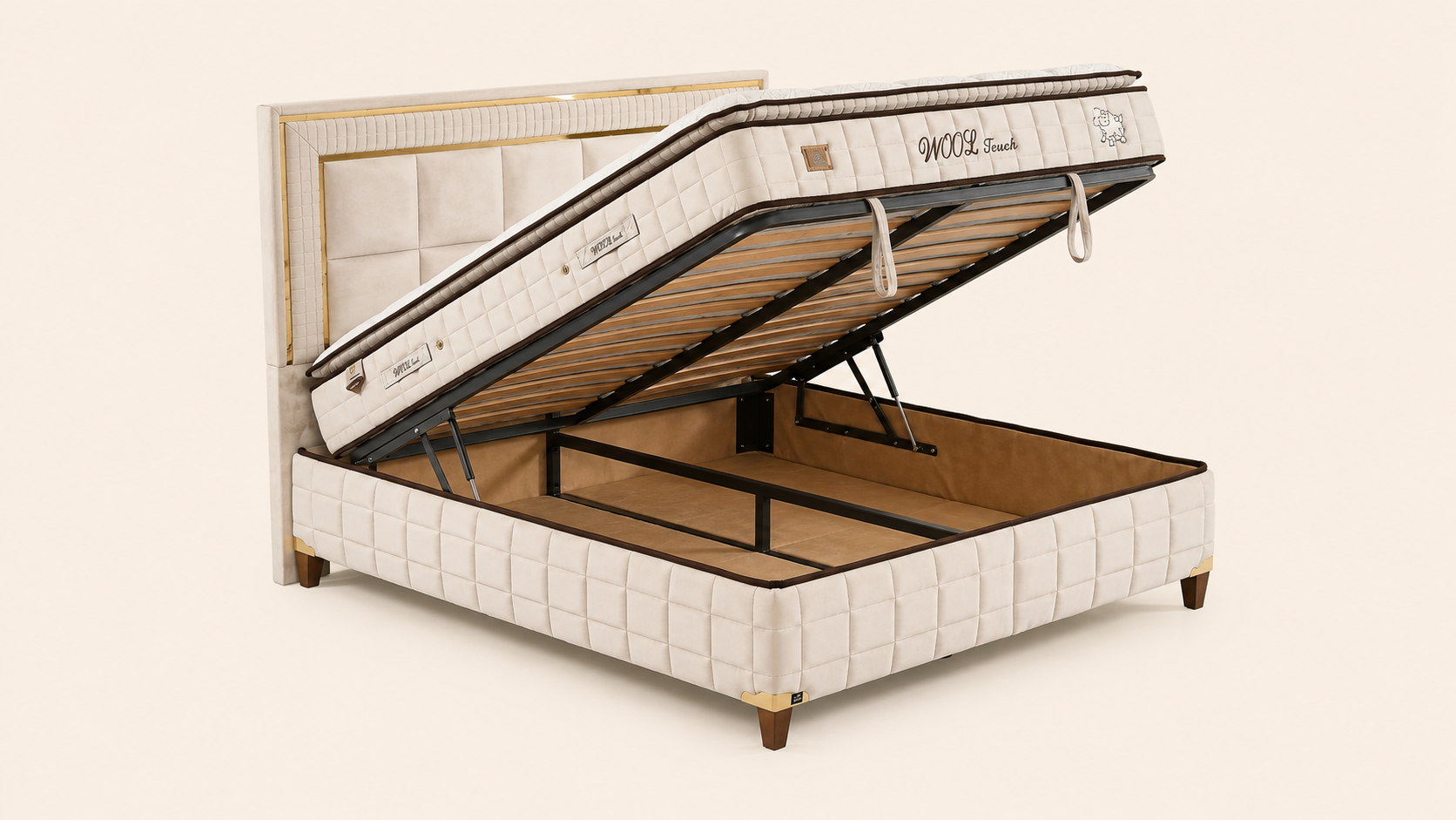 Sommier coffre Wool Touch ouvert avec rangement et sommier à lattes