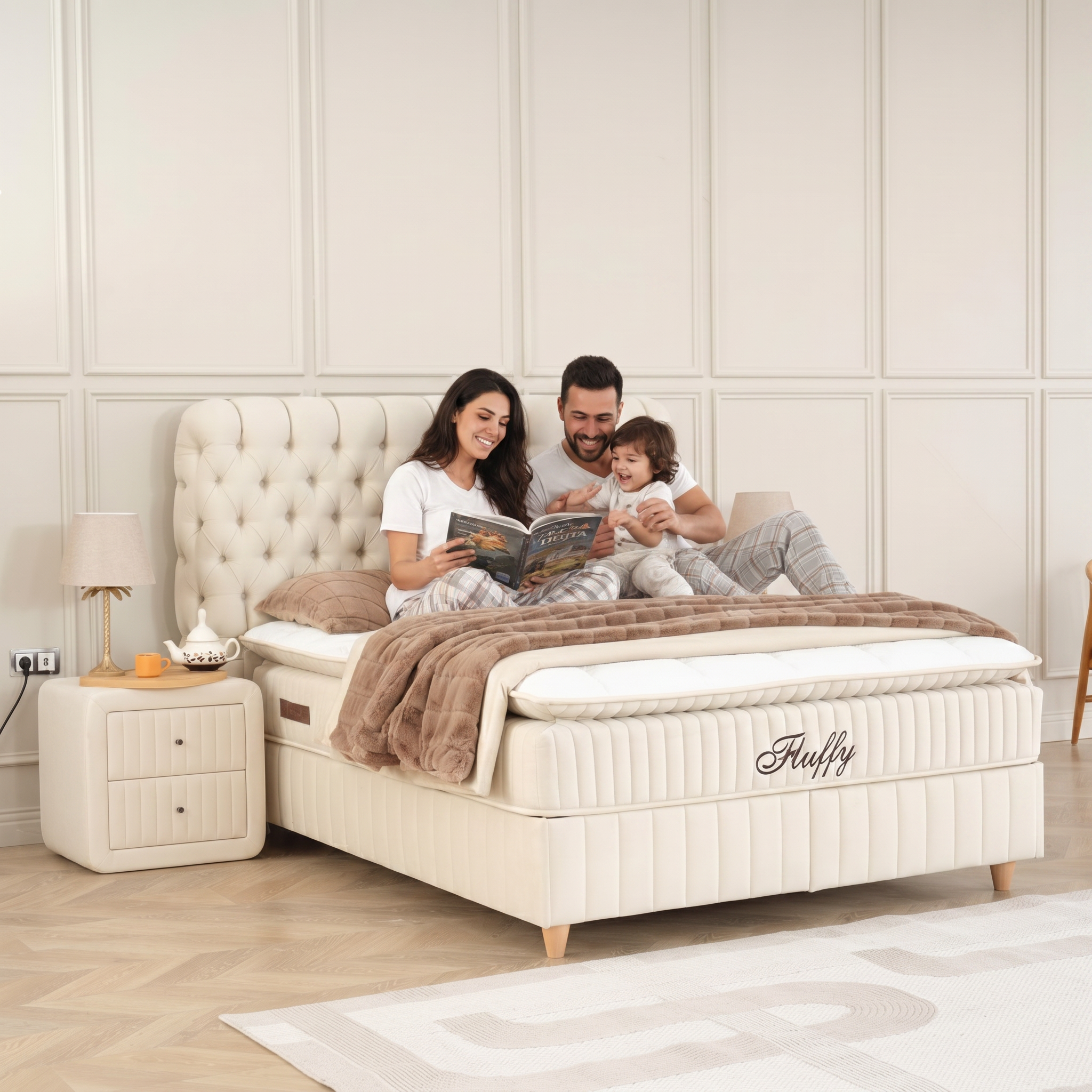 Famille profitant du confort du lit boxspring BSS Fluffy