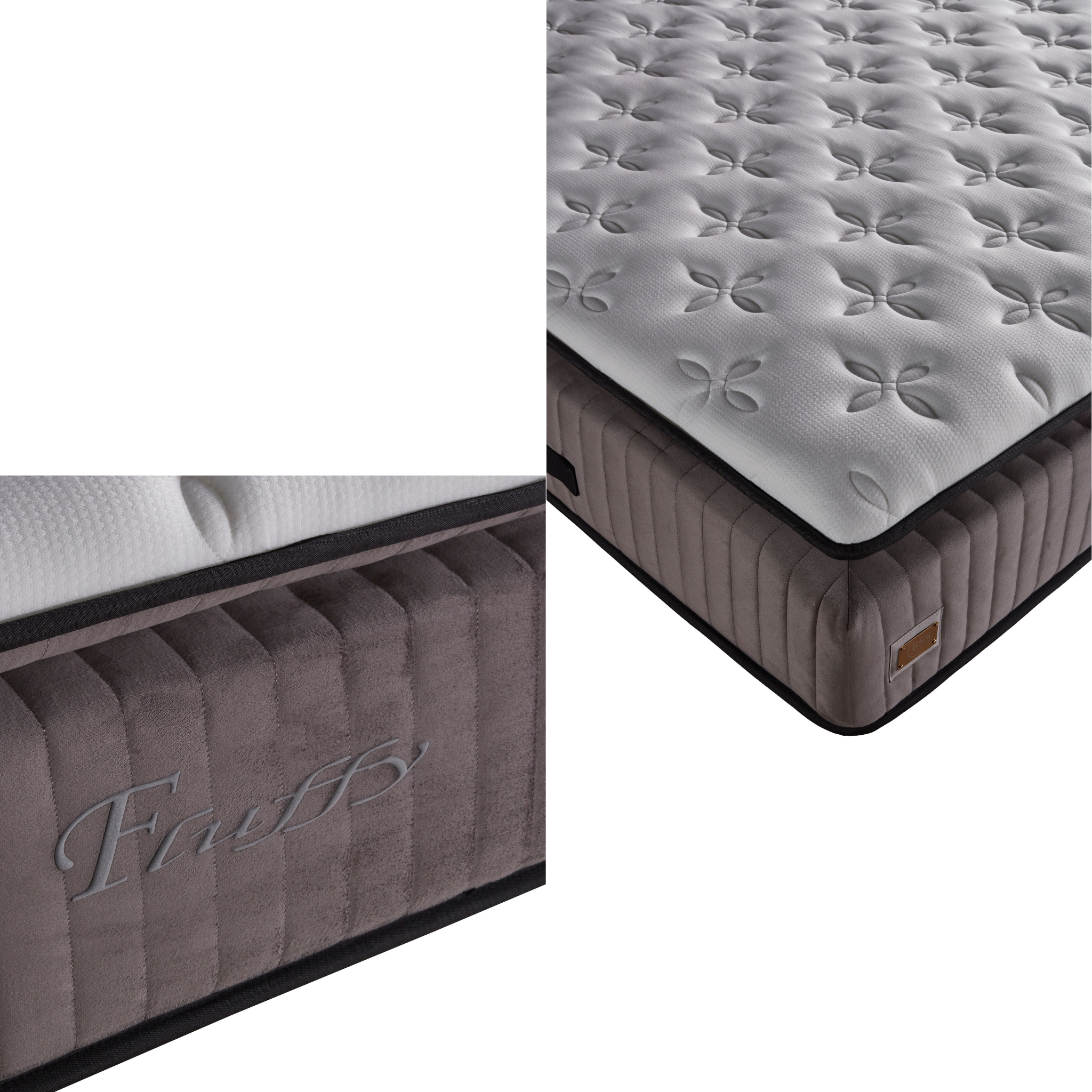 Détail du matelas Fluffy gris : coutil matelassé et finition velours