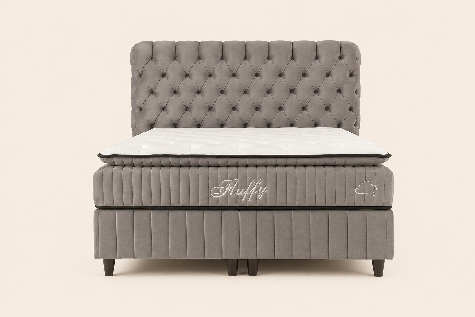 Ensemble de lit BSS Fluffy gris avec tête de lit capitonnée – vue de face