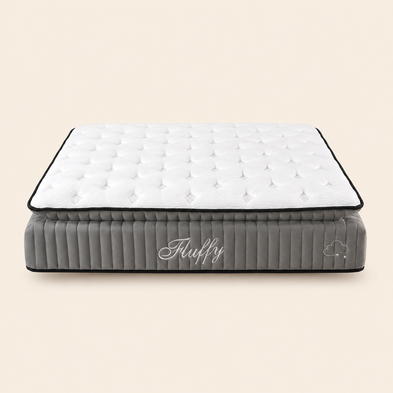 Matelas BSS Fluffy gris avec surmatelas – vue de trois quarts