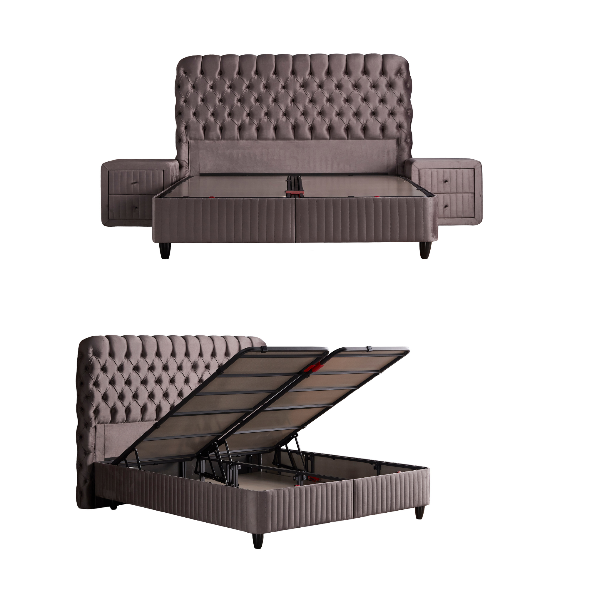 Structure du lit BSS Fluffy taupe avec coffre de rangement ouvert