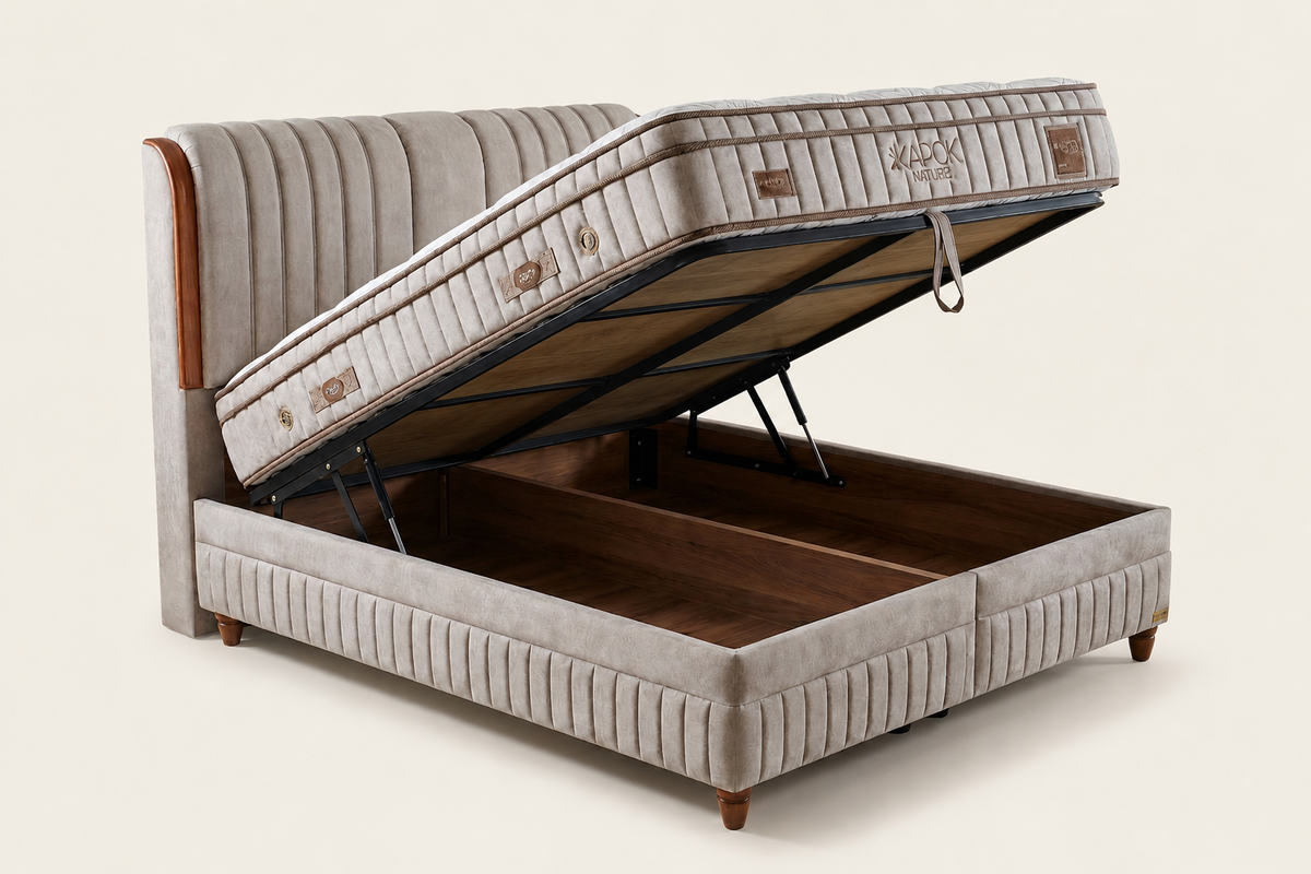 Sommier coffre Bambi Kapok Naturel ouvert, rangement sur toute la surface du couchage