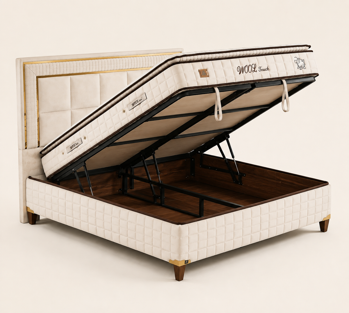 Sommier coffre BSS Wool Touch ouvert par vérins, rangement intégral