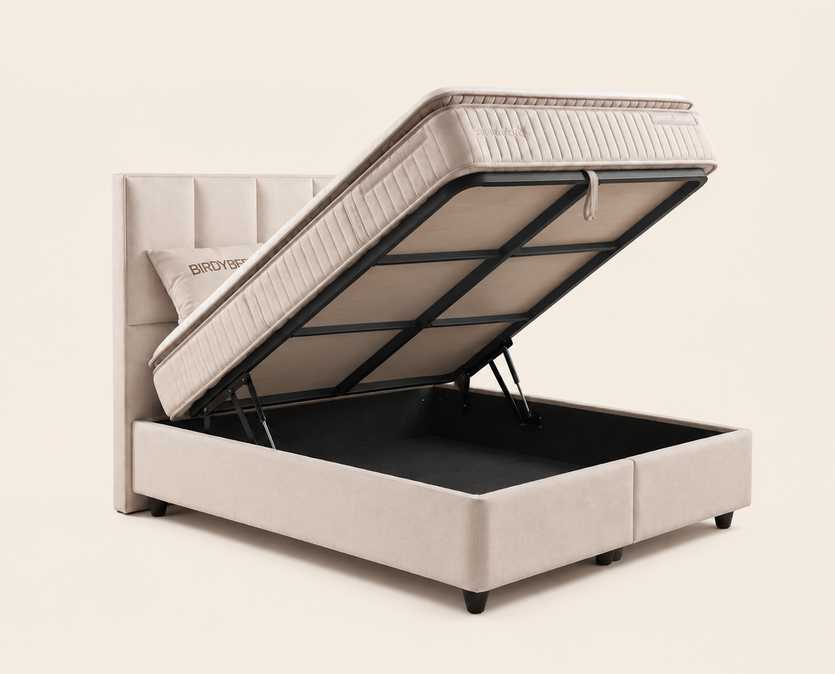 Sommier coffre BSS Birdybedd crème ouvert : rangement sur toute la surface du couchage