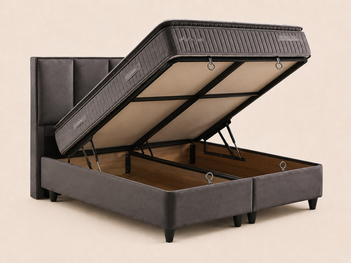 Sommier coffre BSS Birdybedd anthracite ouvert, vérins de levage apparents