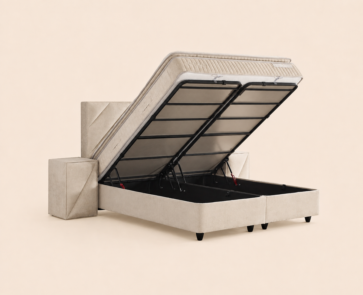 Sommier coffre BSS Shinebedd ouvert par vérins, rangement intégral