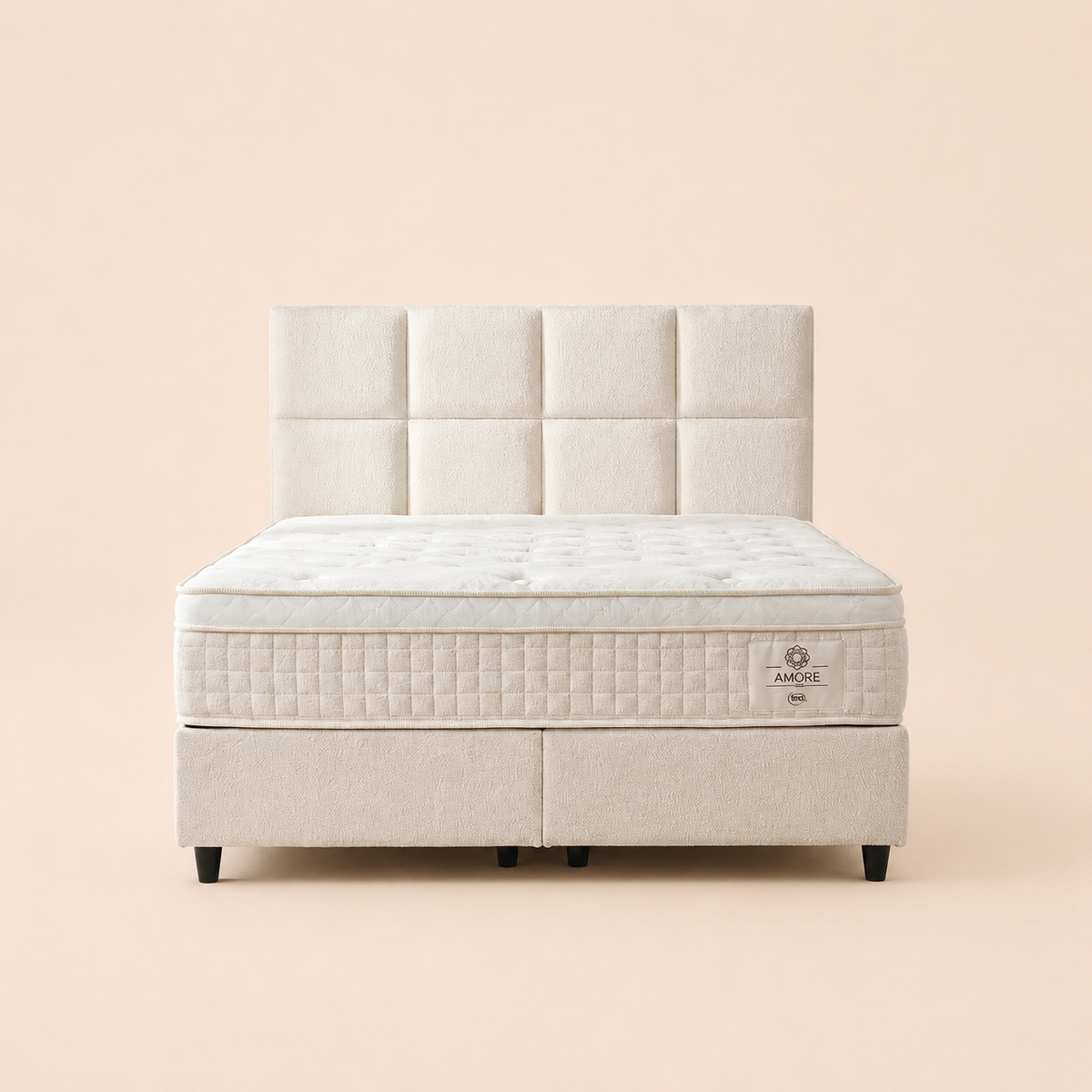 Ensemble lit coffre Amore avec tête de lit capitonnée en tissu bouclé crème