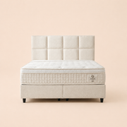 Ensemble lit coffre Amore avec tête de lit capitonnée en tissu bouclé crème