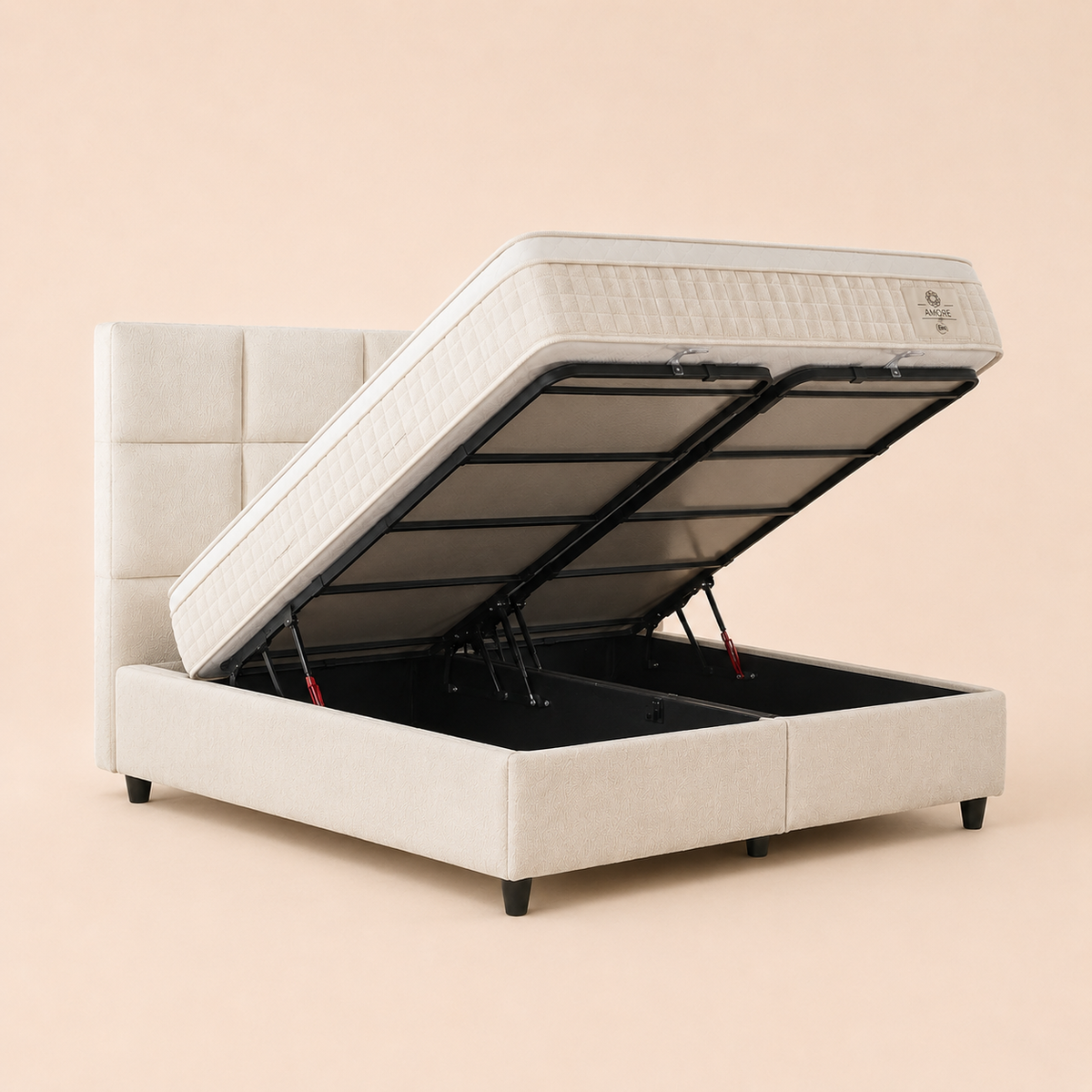 Sommier coffre Amore ouvert : rangement sur toute la surface du couchage