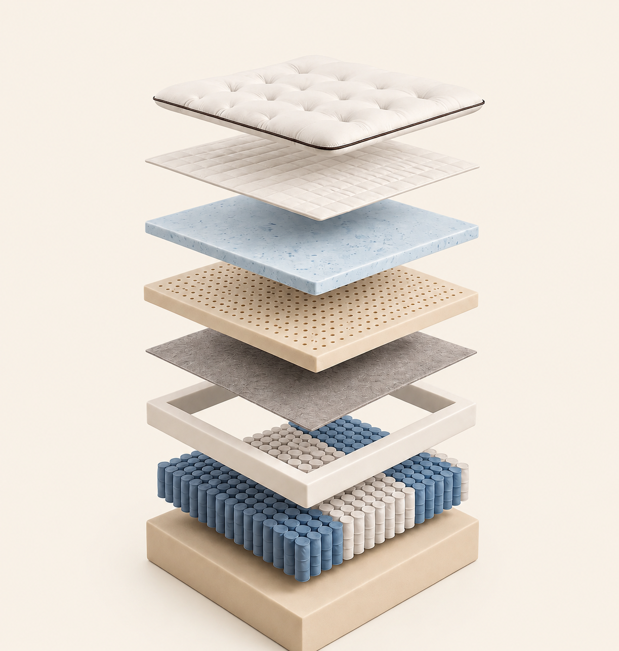 Couches internes du matelas BSS Paris : ressorts ensachés, mousses et latex perforé