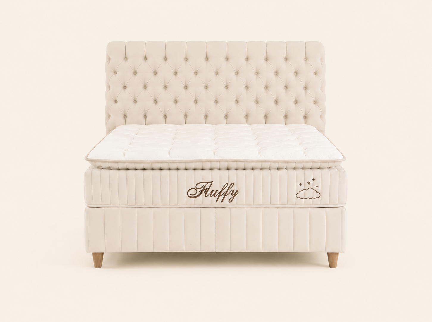 Ensemble de lit BSS Fluffy beige avec tête de lit capitonnée – vue de face