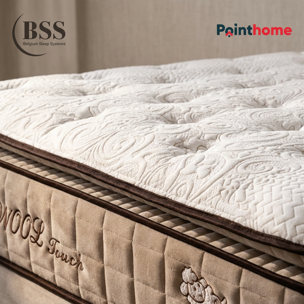 Gros plan du surmatelas en laine et du flanc du matelas Wool Touch