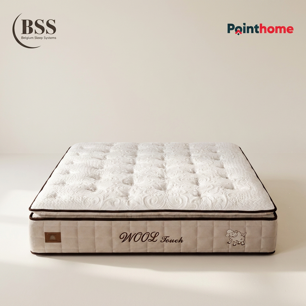 Matelas BSS Wool Touch vu de trois quarts, coutil écru