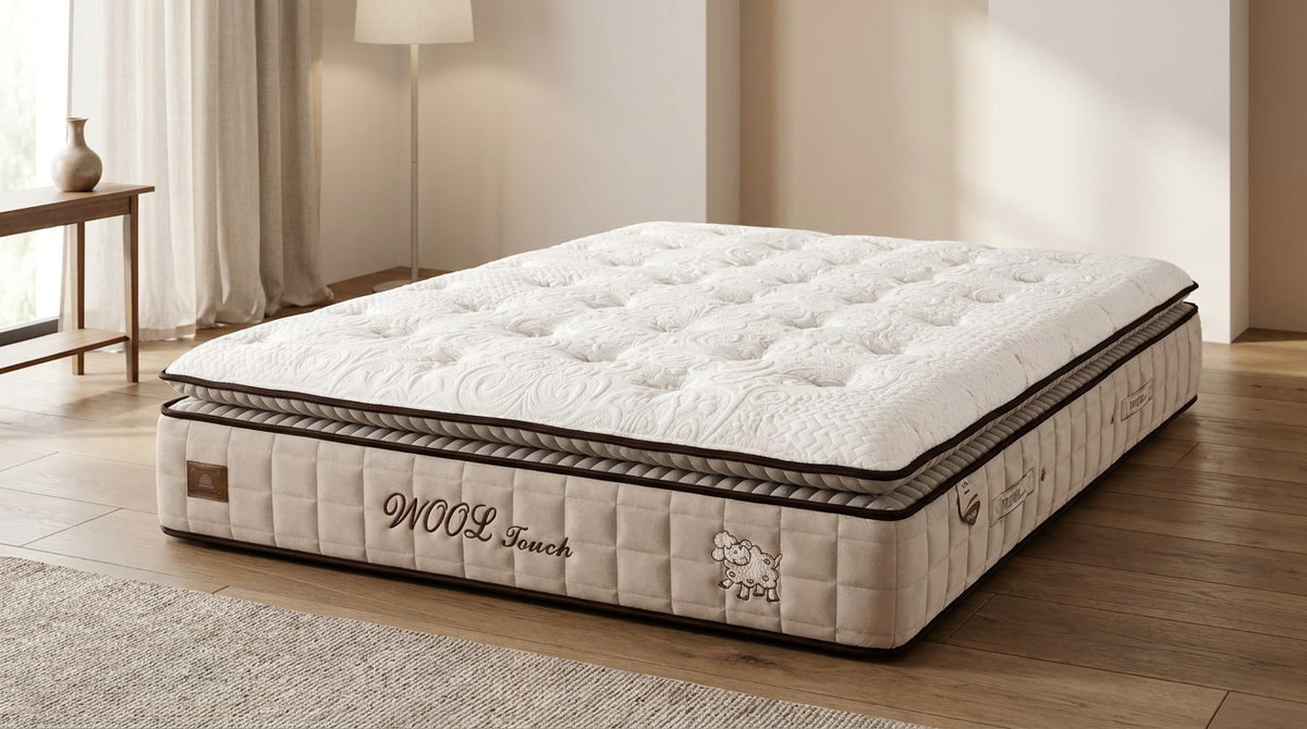 Matelas BSS Wool Touch sur son sommier, vue de trois quarts