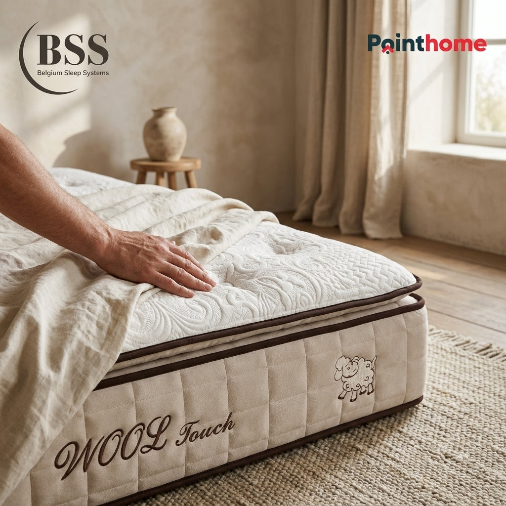 Main pressée sur le surmatelas du matelas BSS Wool Touch