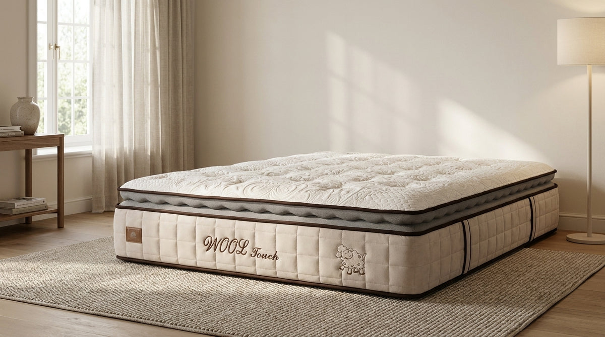 Matelas BSS Wool Touch posé sur un sommier dans une chambre claire