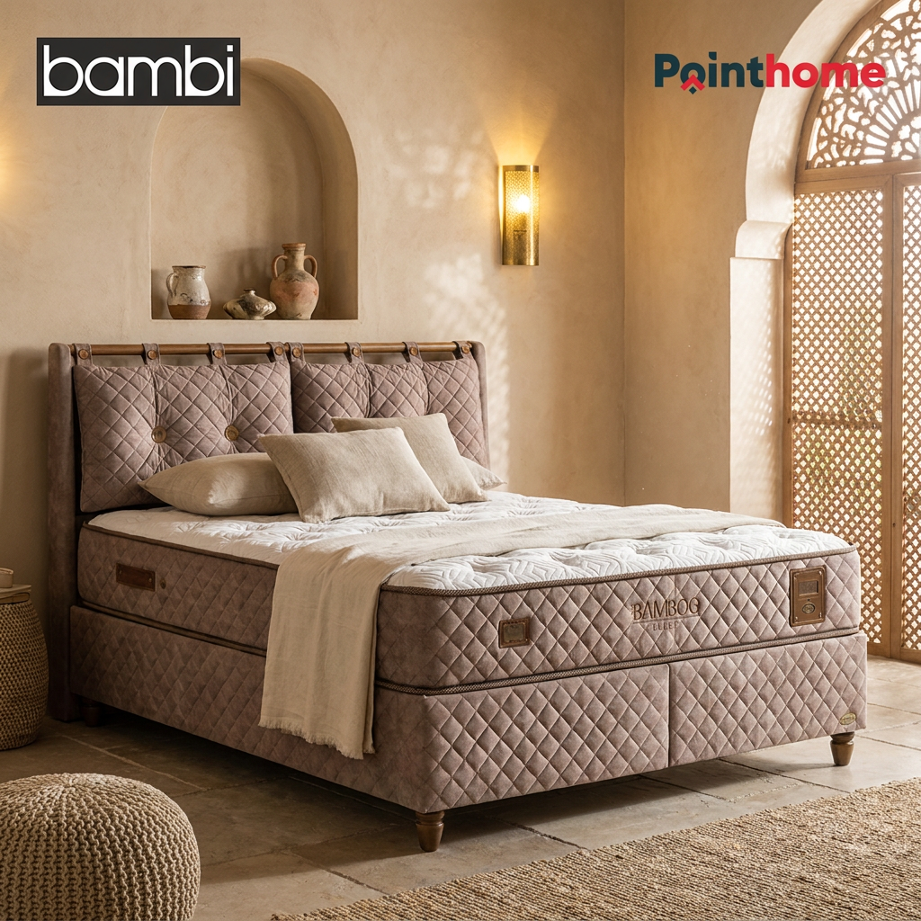Lit coffre Bamboo Sleep dans une chambre aux appliques dorées