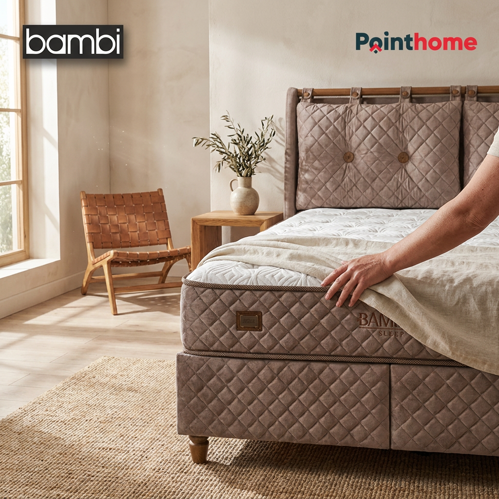 Main sur le matelas Bamboo Sleep dans une chambre lumineuse