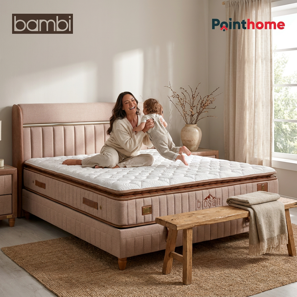 Mère et enfant assis sur le lit coffre Bambi Biosalt