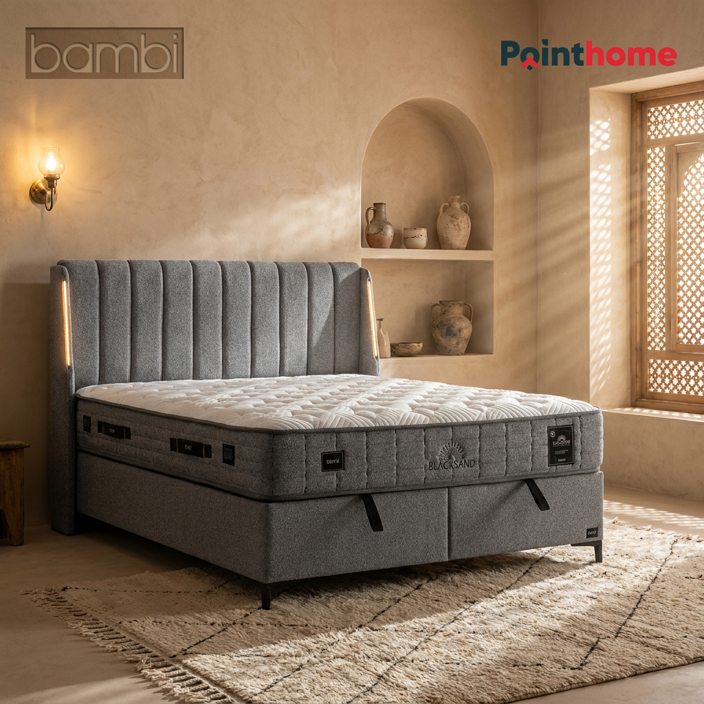 Sommier coffre Bambi Blacksand gris ouvert dans une chambre contemporaine