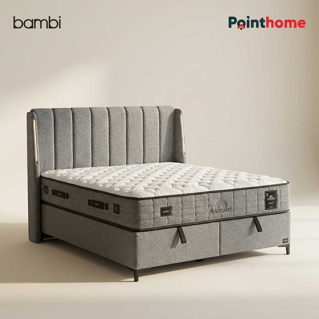 Angle du matelas Bambi Blacksand avec plaid et tasse de café