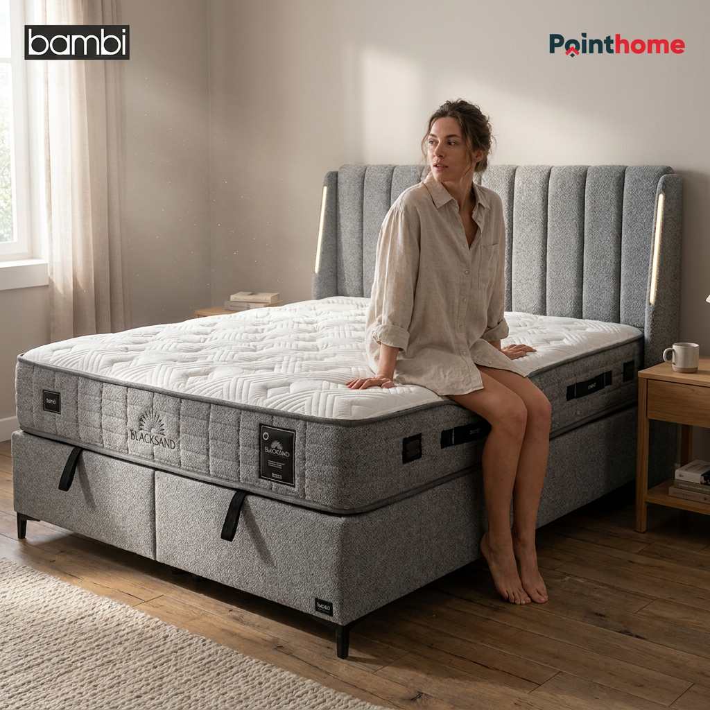 Femme assise sur le lit coffre Bambi Blacksand