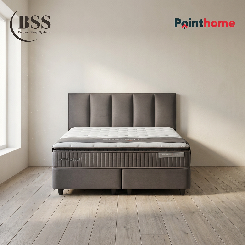 Ensemble lit coffre BSS Birdybedd anthracite sur parquet, vue de face