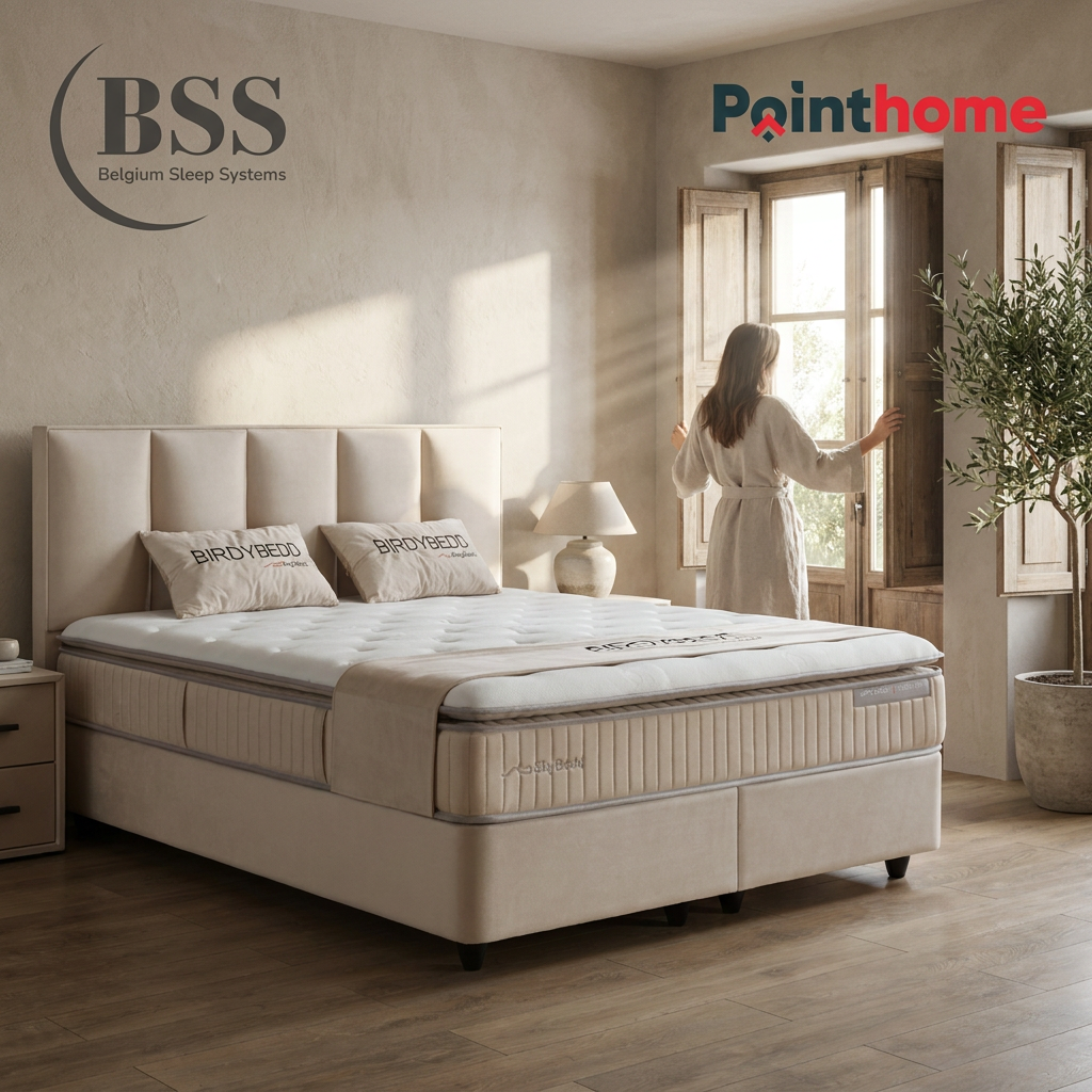 Ensemble lit coffre BSS Birdybedd crème dans une chambre lumineuse