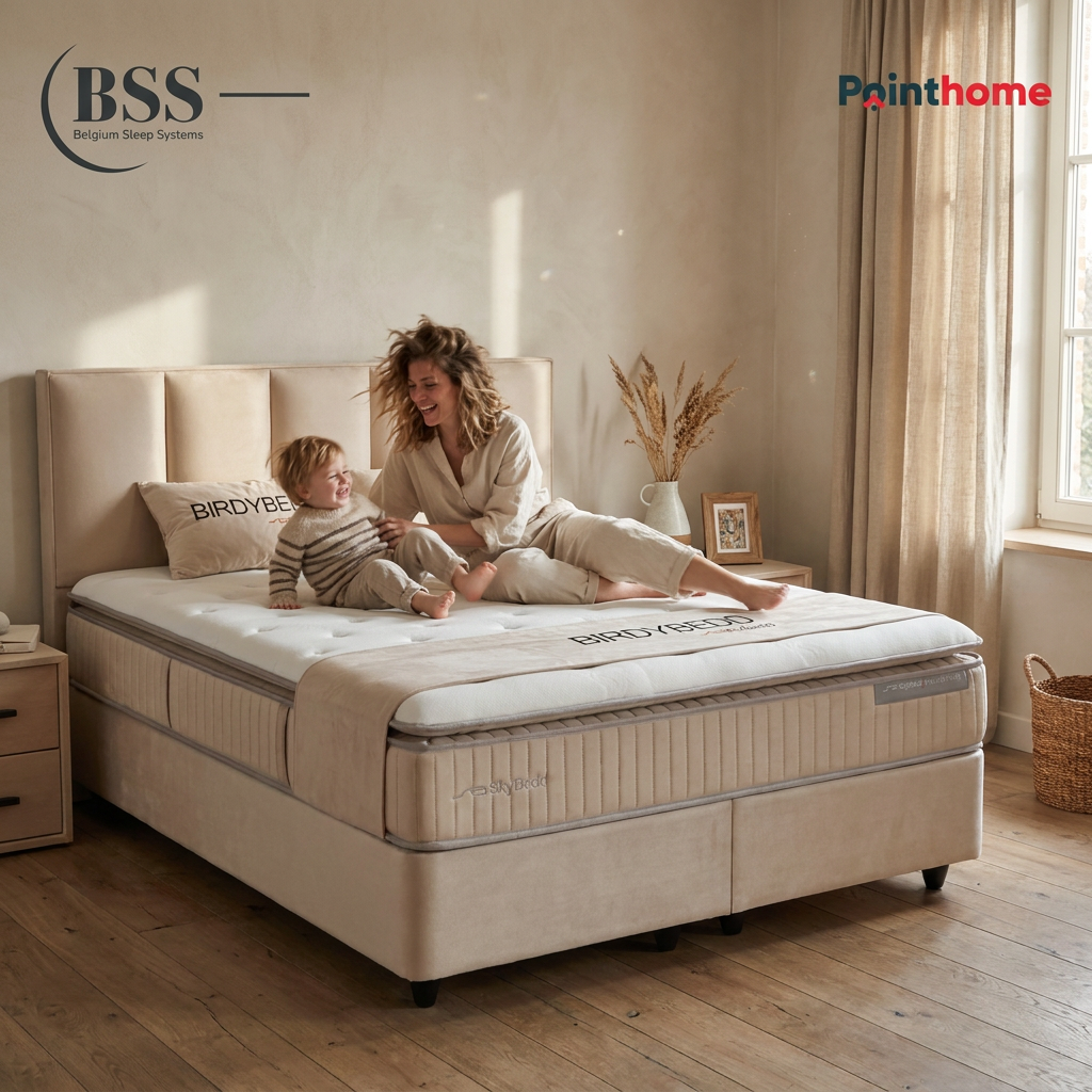 Mère et enfant assis sur le lit coffre BSS Birdybedd crème