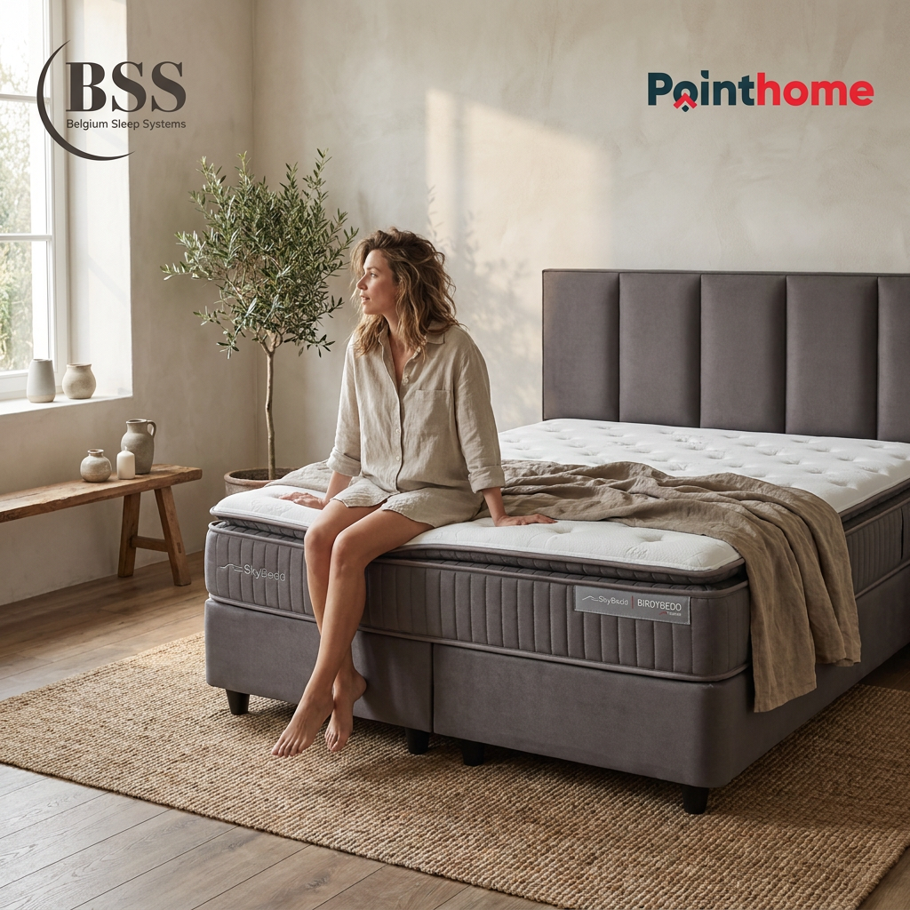 Femme assise sur le lit coffre BSS Birdybedd anthracite dans une chambre lumineuse