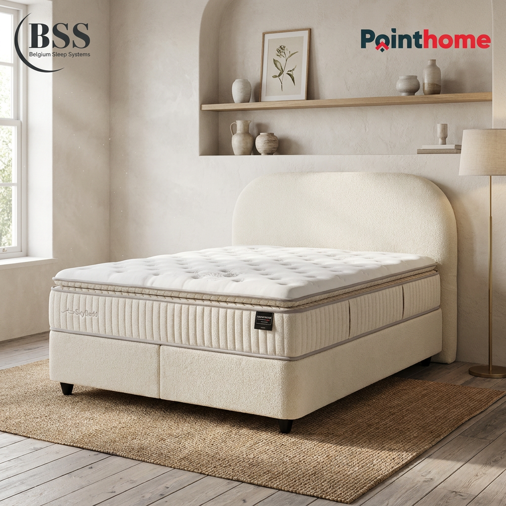 Lit coffre BSS Bohembedd crème dans une chambre lumineuse avec tapis