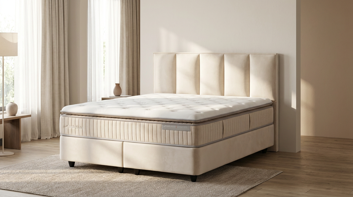Lit coffre BSS Birdybedd crème vu de trois quarts dans une pièce claire