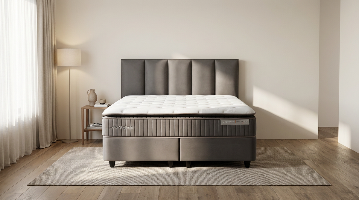 Lit coffre BSS Birdybedd anthracite dans une chambre claire avec lampe de chevet