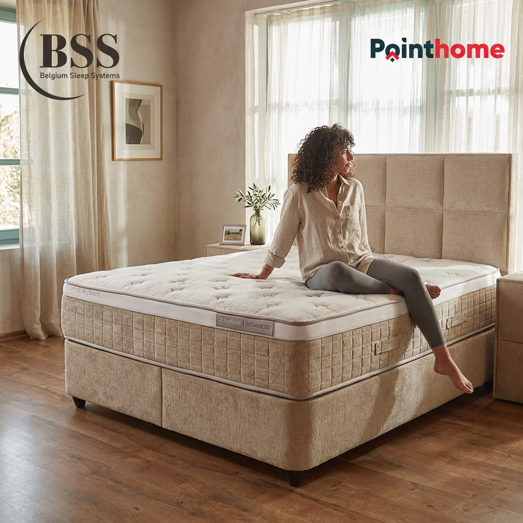 Femme assise sur le lit coffre BSS Oceanbedd près d'une fenêtre
