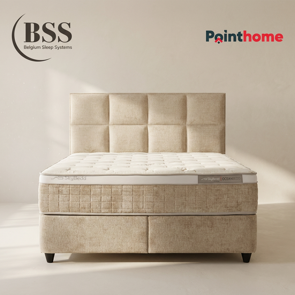Ensemble lit coffre BSS Oceanbedd beige, tête de lit à carreaux – vue de face