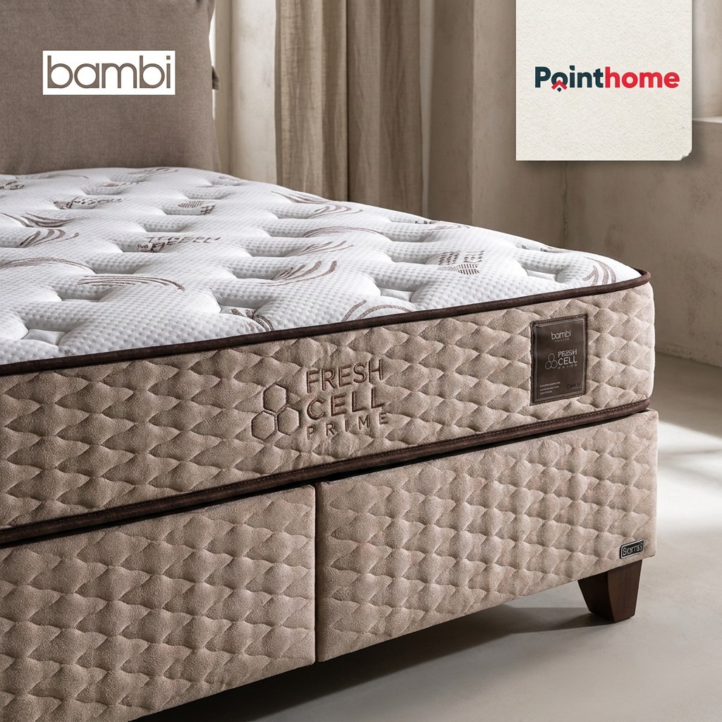 Détail du matelas Freshcell Prime et du sommier coffre capitonné