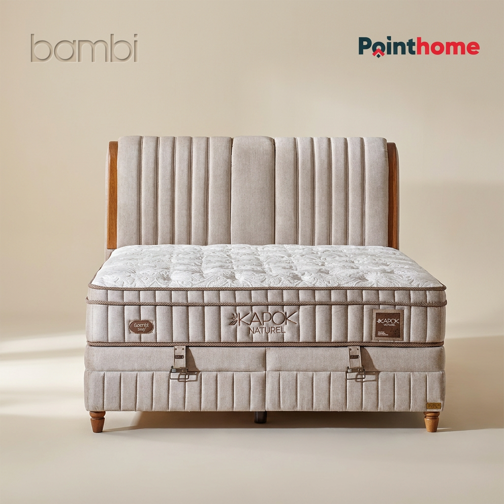 Ensemble lit coffre Kapok Naturel vu de face sur fond clair