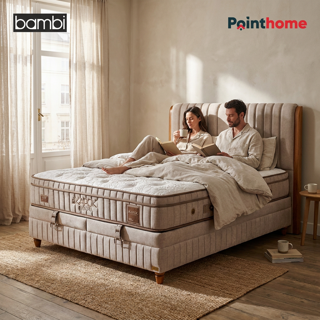 Couple assis sur le lit coffre Bambi Kapok Naturel