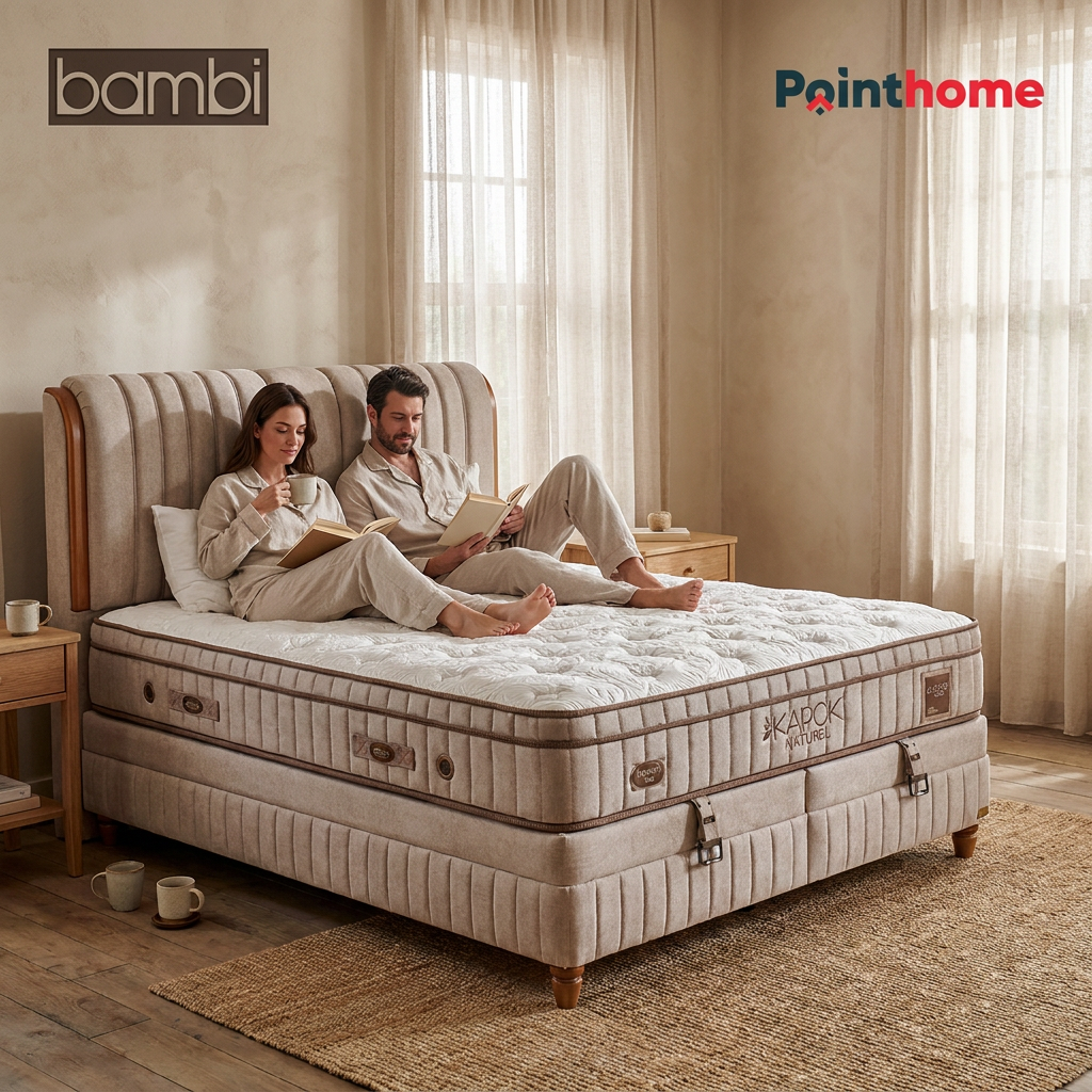 Couple sur le lit coffre Kapok Naturel devant des rideaux clairs