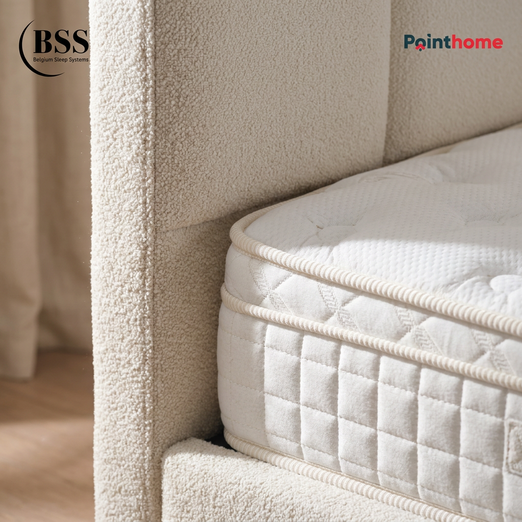 Détail du matelas Amore 33 cm et de la tête de lit capitonnée
