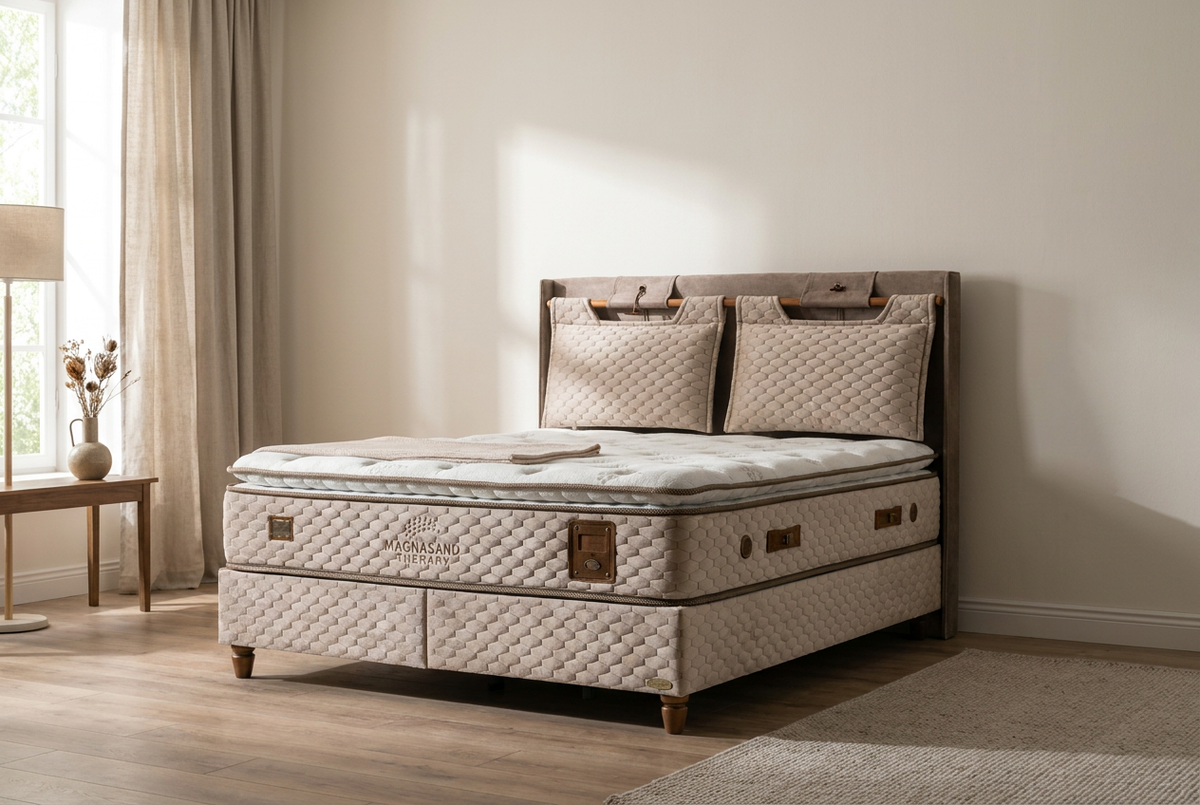 Lit coffre Magnasand Therapy dans une chambre beige avec table d'appoint