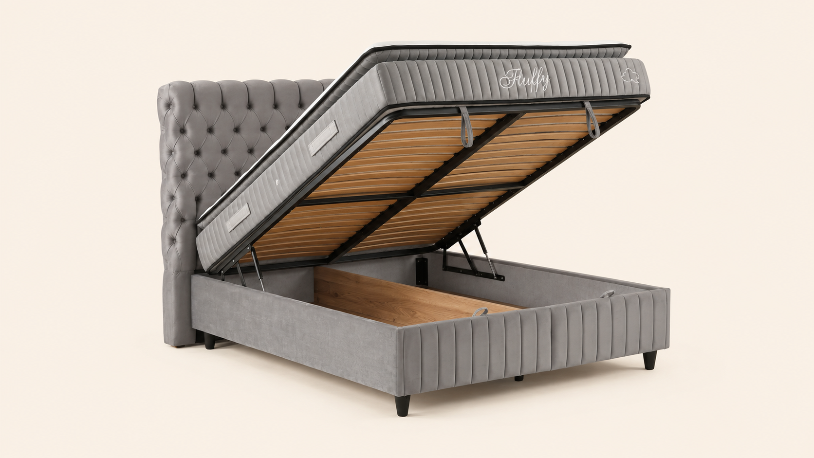 Sommier coffre BSS Fluffy gris ouvert avec sommier à lattes