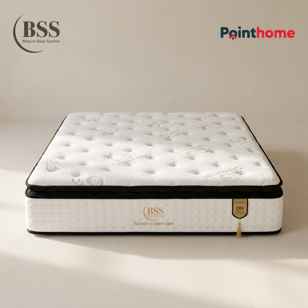 Matelas BSS Paris vu de trois quarts, liseré noir et écusson doré